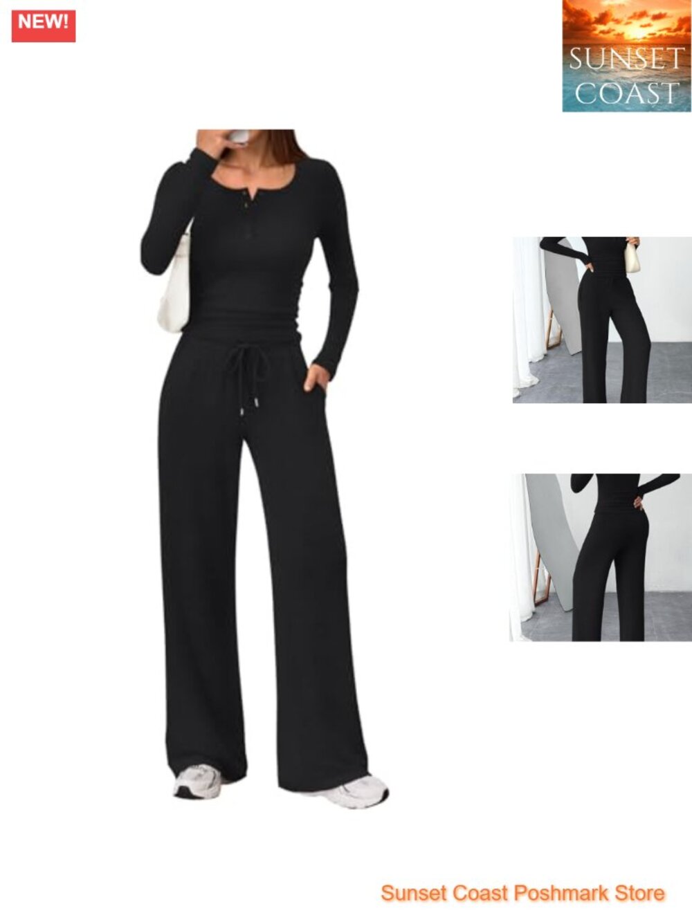 2 Piece Lounge Set Henley Neck Top Wide Leg Pants Soft Breathable